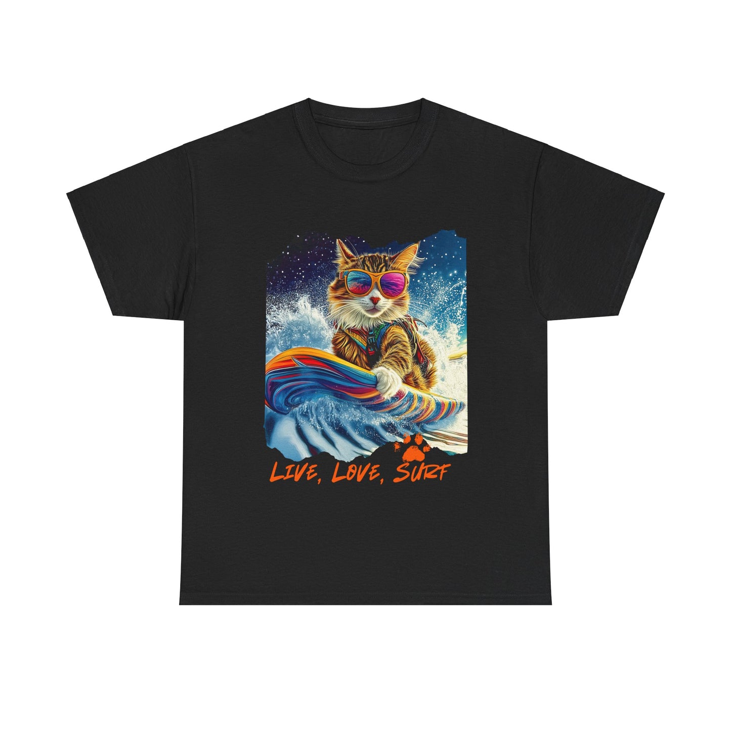 Live, Love Surf - Surfer Cat Graphic Tee, Cat on Surfboard  reads "Live, Love Surf"  Surf Life Cat ,Art Gift   -  Cool Cats Unisex Heavy Cotton Tee T-Shirt