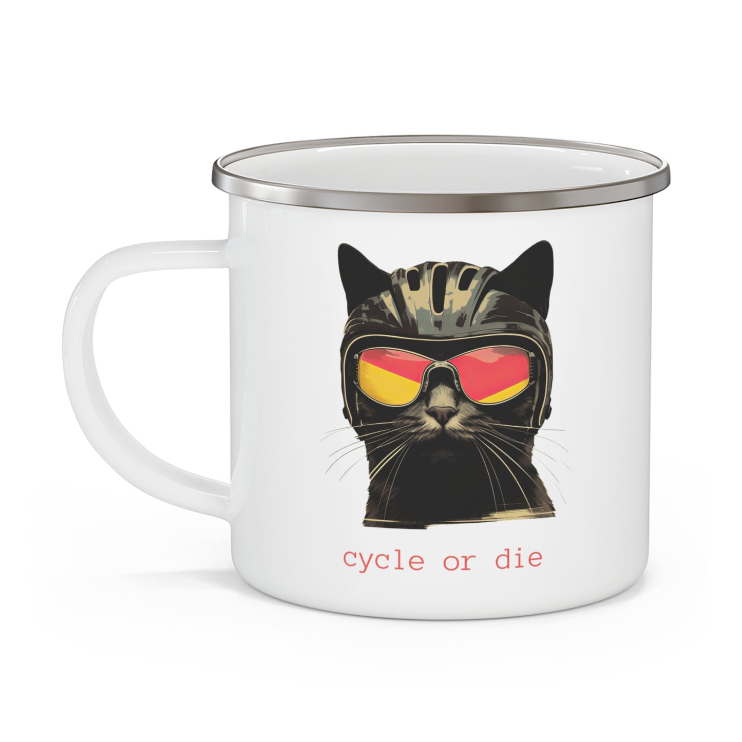 Cycle or Die, Cycling Cup, Cat and Bicycle Lovers, Cat in a Bicycle Helmet, Cycling Cat Gift,  Enamel Camping Mug