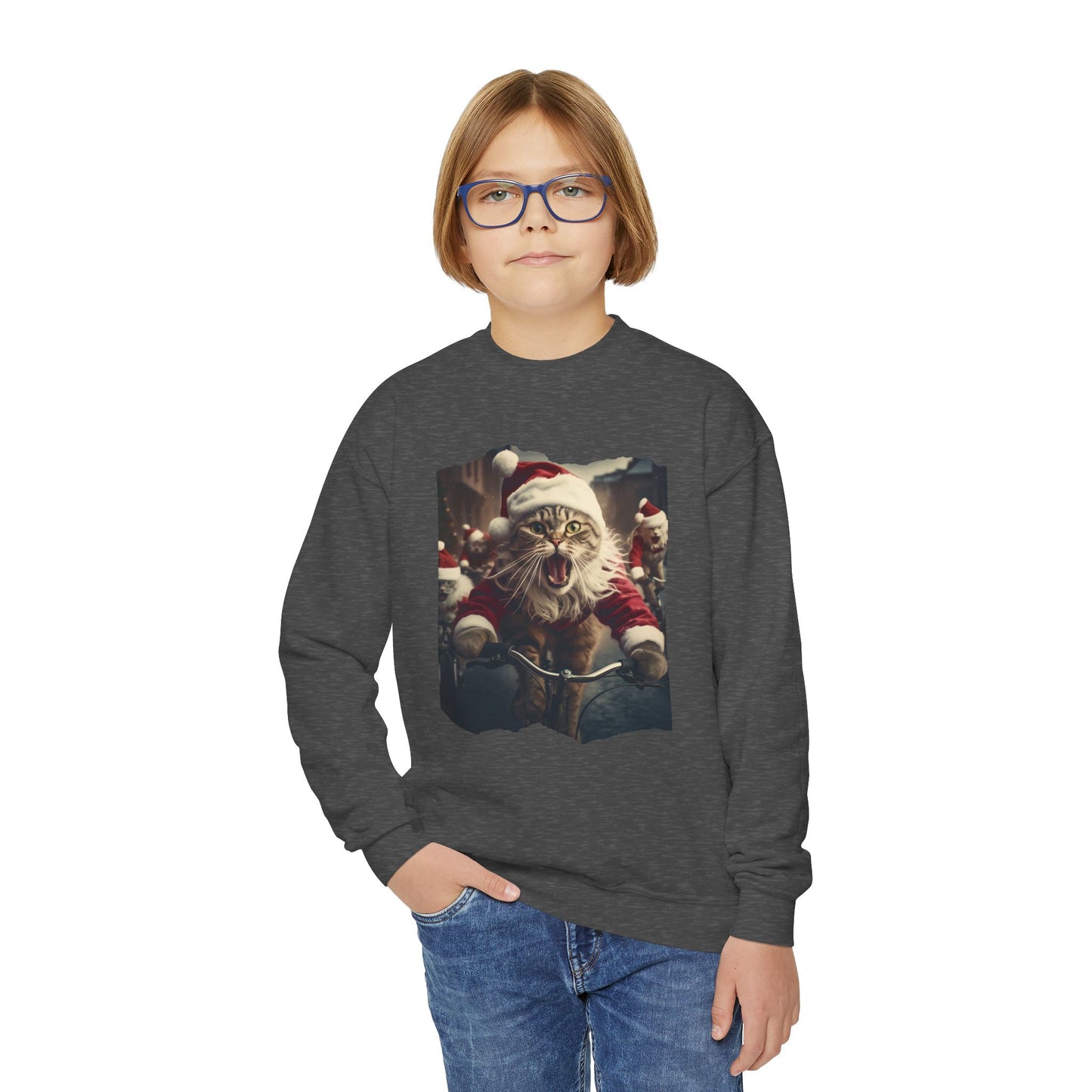 Christmas Caroling, Singing Cats in Santa Hats Kids Sweatshirt - Adorable Kids Youth Crewneck Sweatshirt -Christmas Cat Gift