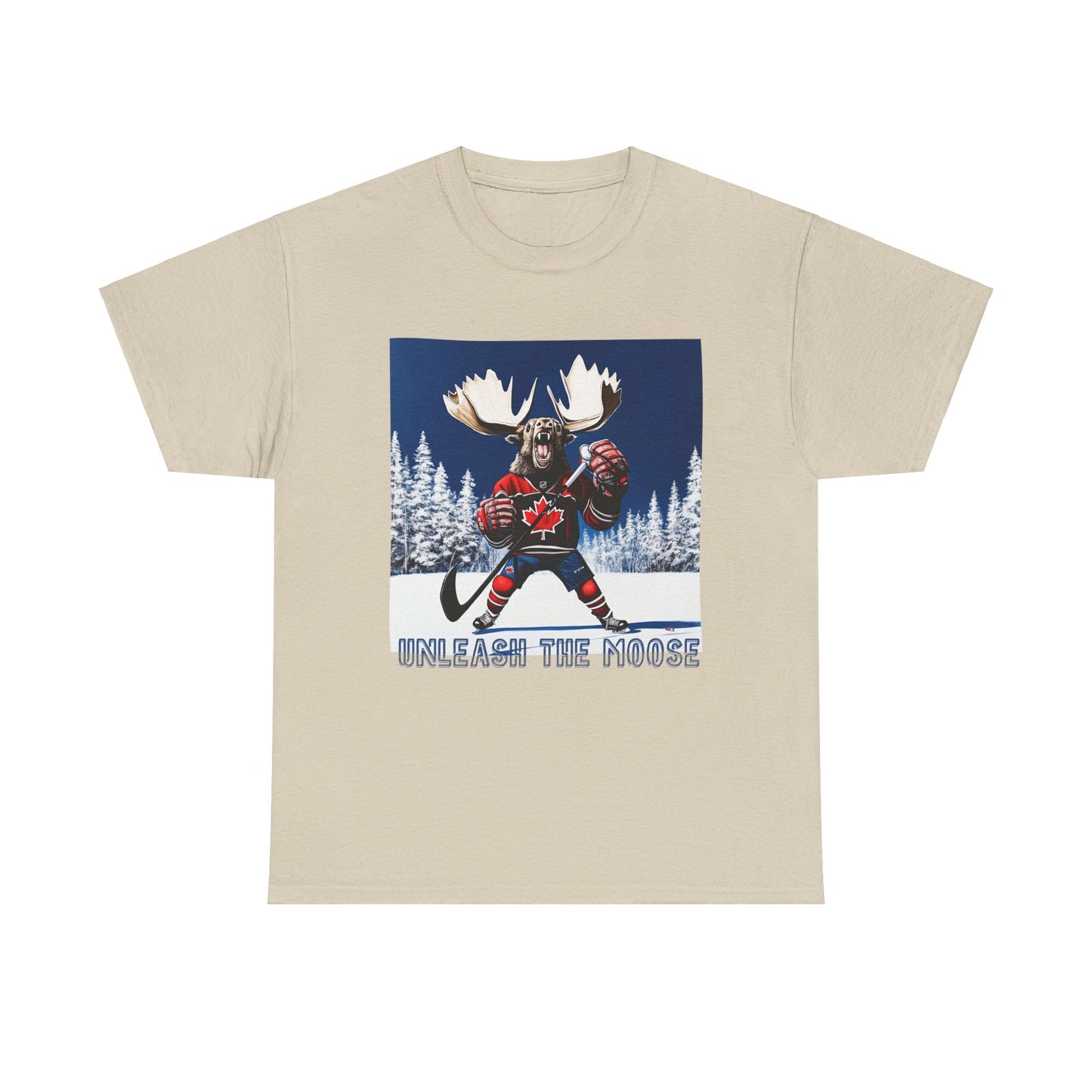 "Unleash the Moose" Hockey Player  Moose - Moose Lover Hockey Graphic Tee Unisex Heavy Cotton Tee T-Shirt