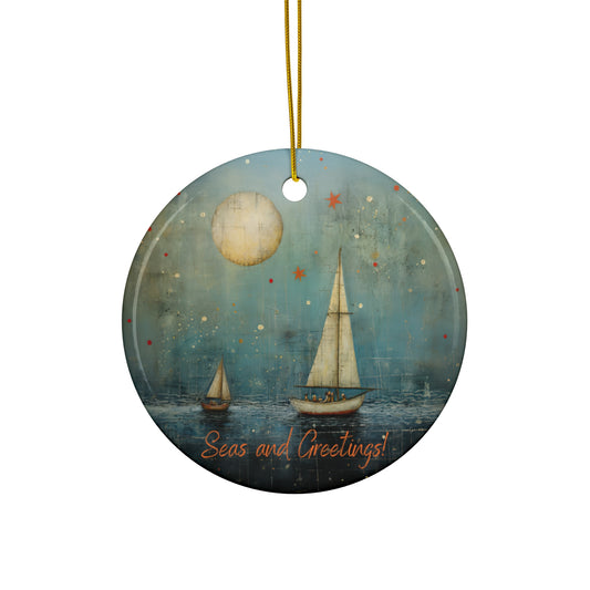 Seas and Greetings, Florida, Tropical, Sailing Sailboat Seaside Christmas Greetings -  Christmas Tree Keepsake Ornament Ceramic - Seas and Greetings