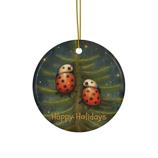 Adorable Lady Bug Christmas Tree Ornament, Reads "Happy Holidays" Lady Bugs Gift Ceramic Lady Bug Ornament Brings Good Luck Charm