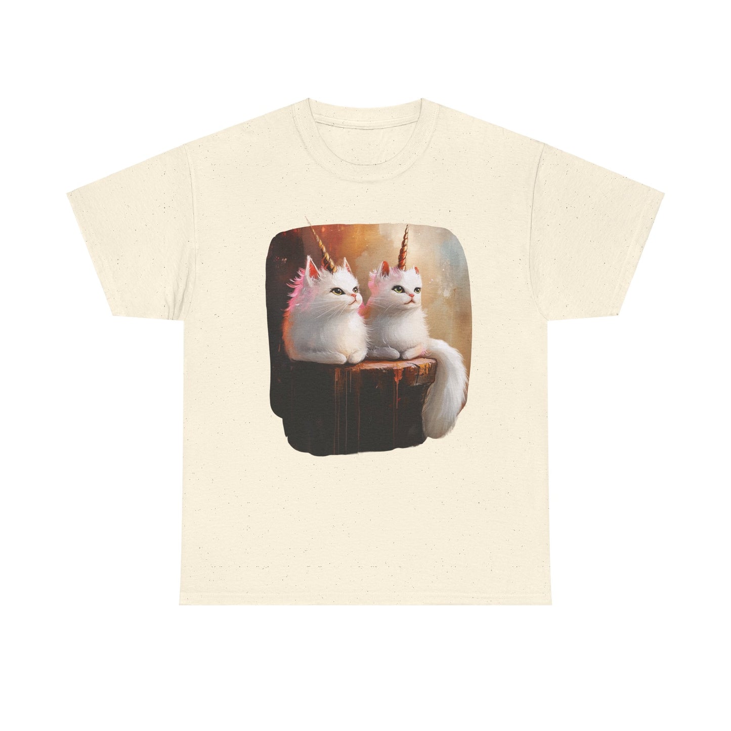 Fluffy White Kawaii Unicorn Cat Graphic Tee -  Cat Unicorn Mythical Creature Gift Unisex Adult Size Heavy Cotton Tee T-Shirt