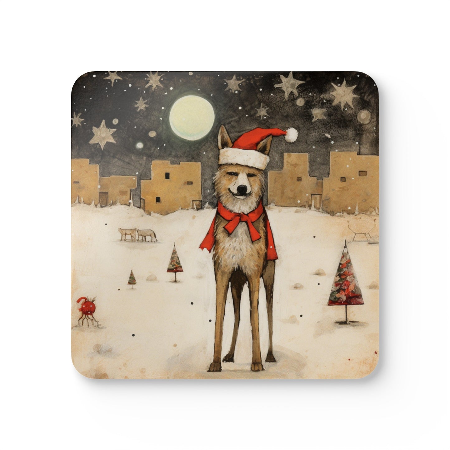 Christmas Hat Coyote, Santa Fe Christmas Adobe Houses, Snowy Christmas in New Mexico, Arizona, Home Decor, Holiday, Corkwood Coaster Set