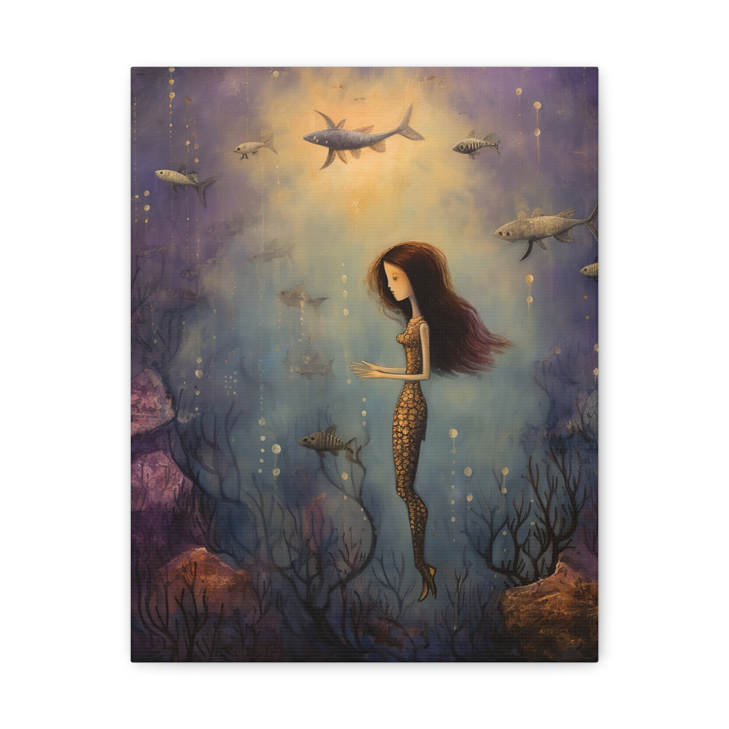 Purple Mermaid Underwater Scene, Mermaid Gift, Kids, Fantasy Mystical Fish Wall Art, Canvas, Flower Gift, Wall Art Painting Pastel