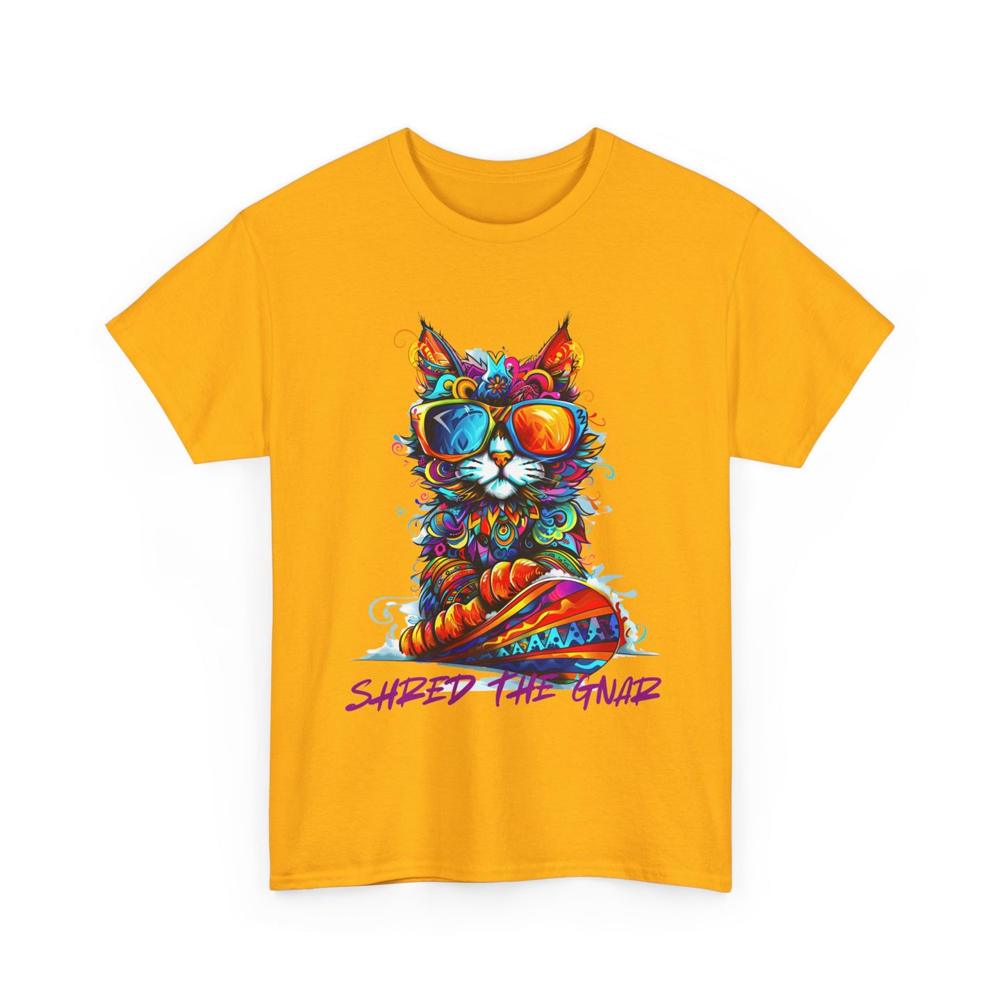 Shred the Gnar - (Ver 2) Snowboard Shredding Cat Graphic Tee, Winter Cat Art Gift   -  Cool Cats Unisex Heavy Cotton Tee T-Shirt