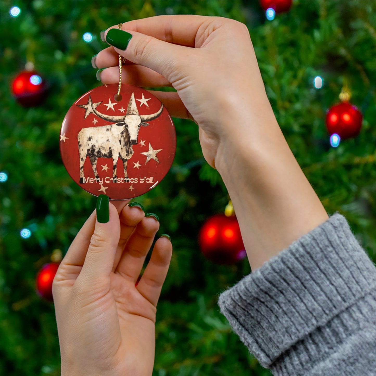 Texas Longhorn Cattle Stars Christmas Greeting "Merry Christmas Y'all!" Ceramic Tree Ornament. Happy Holiday Southern Style Greeting Gift