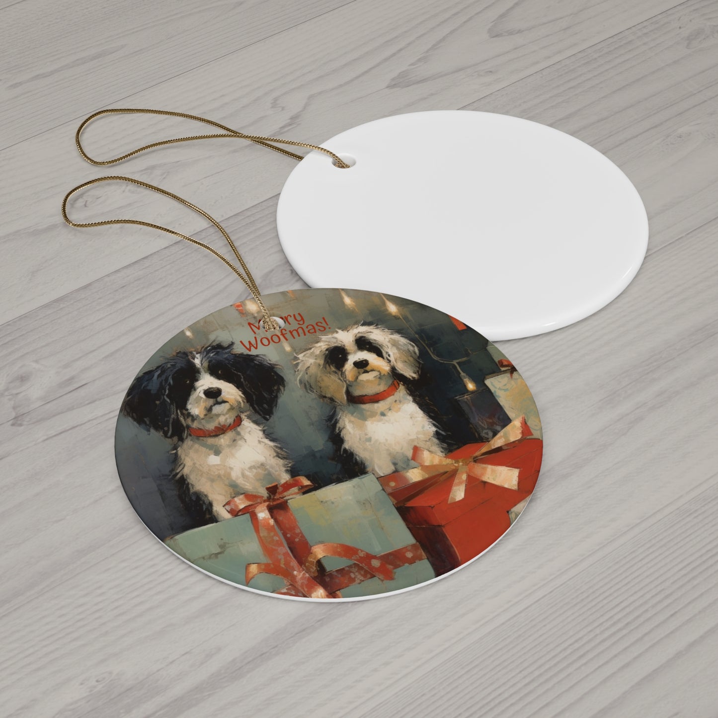 Merry Woofmas, Dog Lover, Dog Owner, Dog Parent Keepsake Ornament, Ceramic Christmas Ornament, Sweet Naughty Dogs