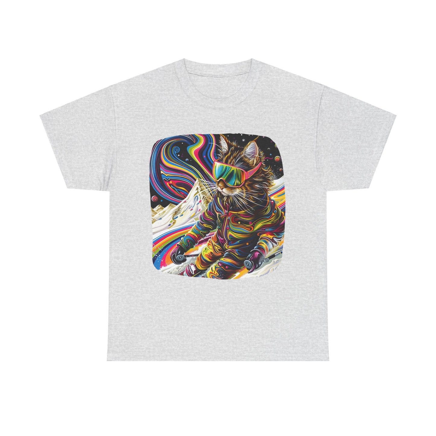 Ski Cat, Winter Sports Cat Shirt, Art Gift   -  Cool Cats Unisex Heavy Cotton Tee T-Shirt