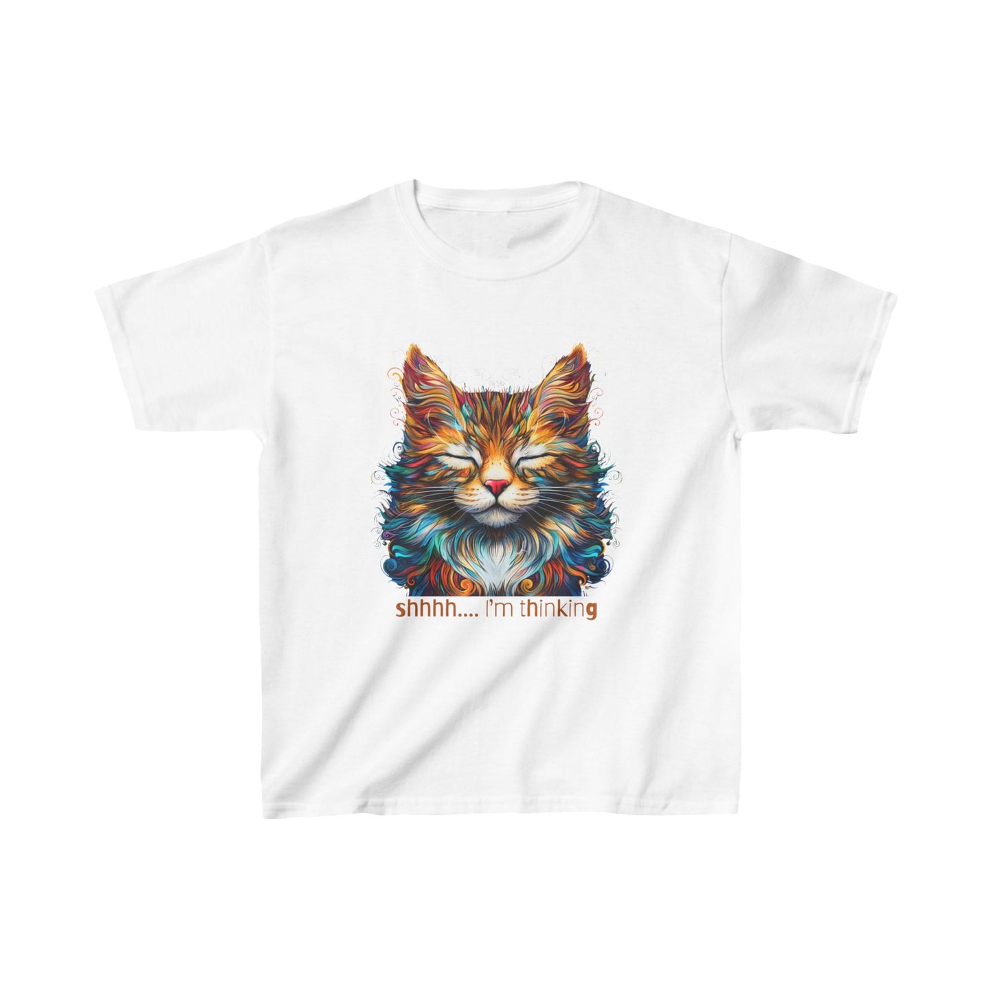 Kids - Thinking Cat Graphic Tee - Vibrant Cute Cat Design for Young Adventurers