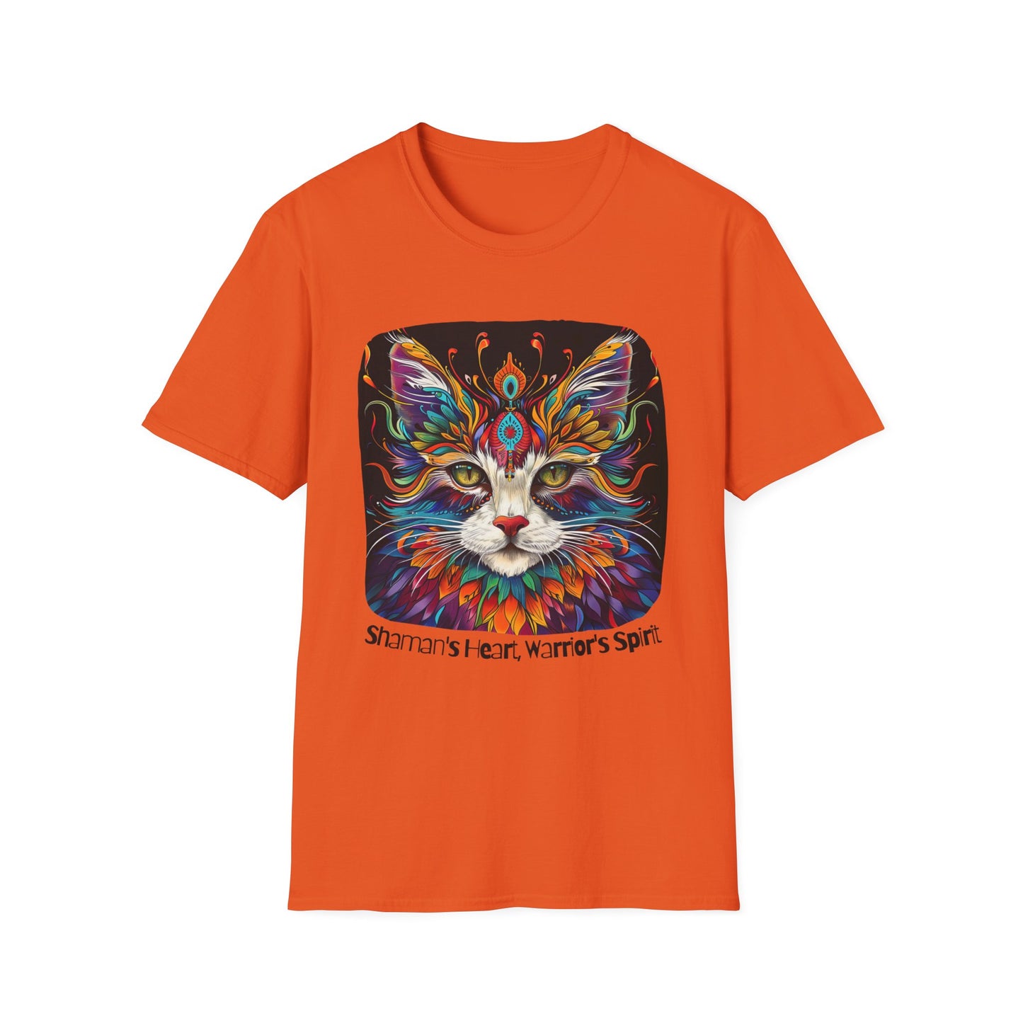 Shaman's Heart, Warrior's Spirit Graphic Cat Tee, Cat Lover's Graphic Tee Graphic Unisex T- Shirt, T-Shirt Cat Lovers Gift  Softstyle T-Shirt Tee Teeshirt Stylized Cat