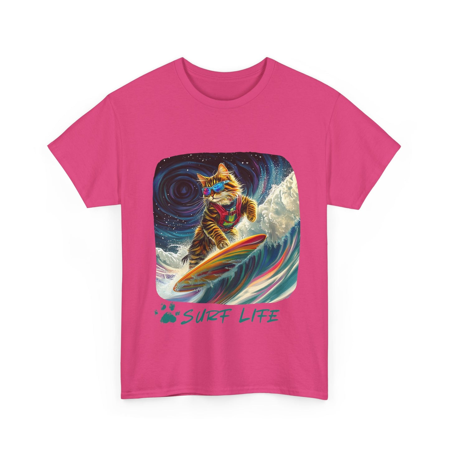 Surf LIfe - Surfer Surfing Cat Graphic Tee, Cat on Surfboard - Shirt reads "Surf Life" Cats Art Gift   -  Cool Cats Unisex Heavy Cotton Tee T-Shirt