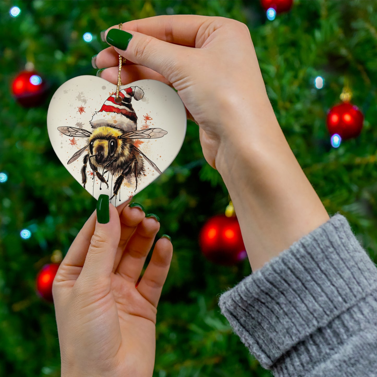 Bee Holiday Ornament Bee, Conservation, Fun Tattoo Style Bee Christmas Gift, Printed Ceramic Christmas Tree ornament, Save the Bees