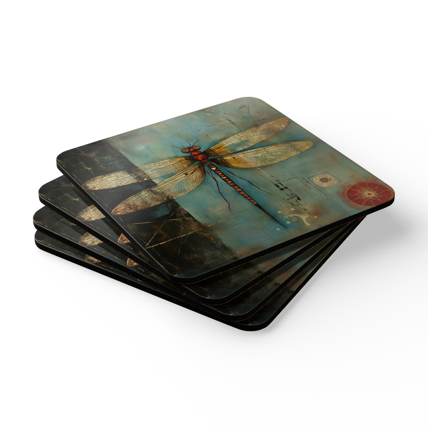 Folk Art Dragonfly, Home Decor Gift ,Dragonfly Corkwood Coaster Set