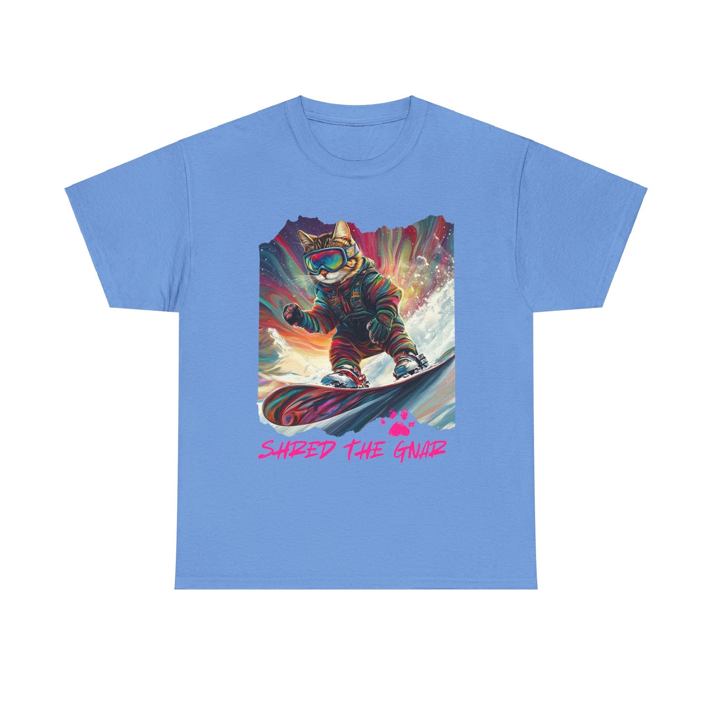 Shred the Gnar - (Ver3) Snowboard Shredding Cat Graphic Tee, Winter Cat Art Gift   -  Cool Cats Unisex Heavy Cotton Tee T-Shirt