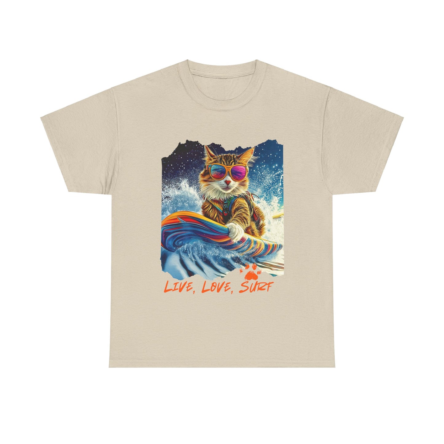 Live, Love Surf - Surfer Cat Graphic Tee, Cat on Surfboard  reads "Live, Love Surf"  Surf Life Cat ,Art Gift   -  Cool Cats Unisex Heavy Cotton Tee T-Shirt