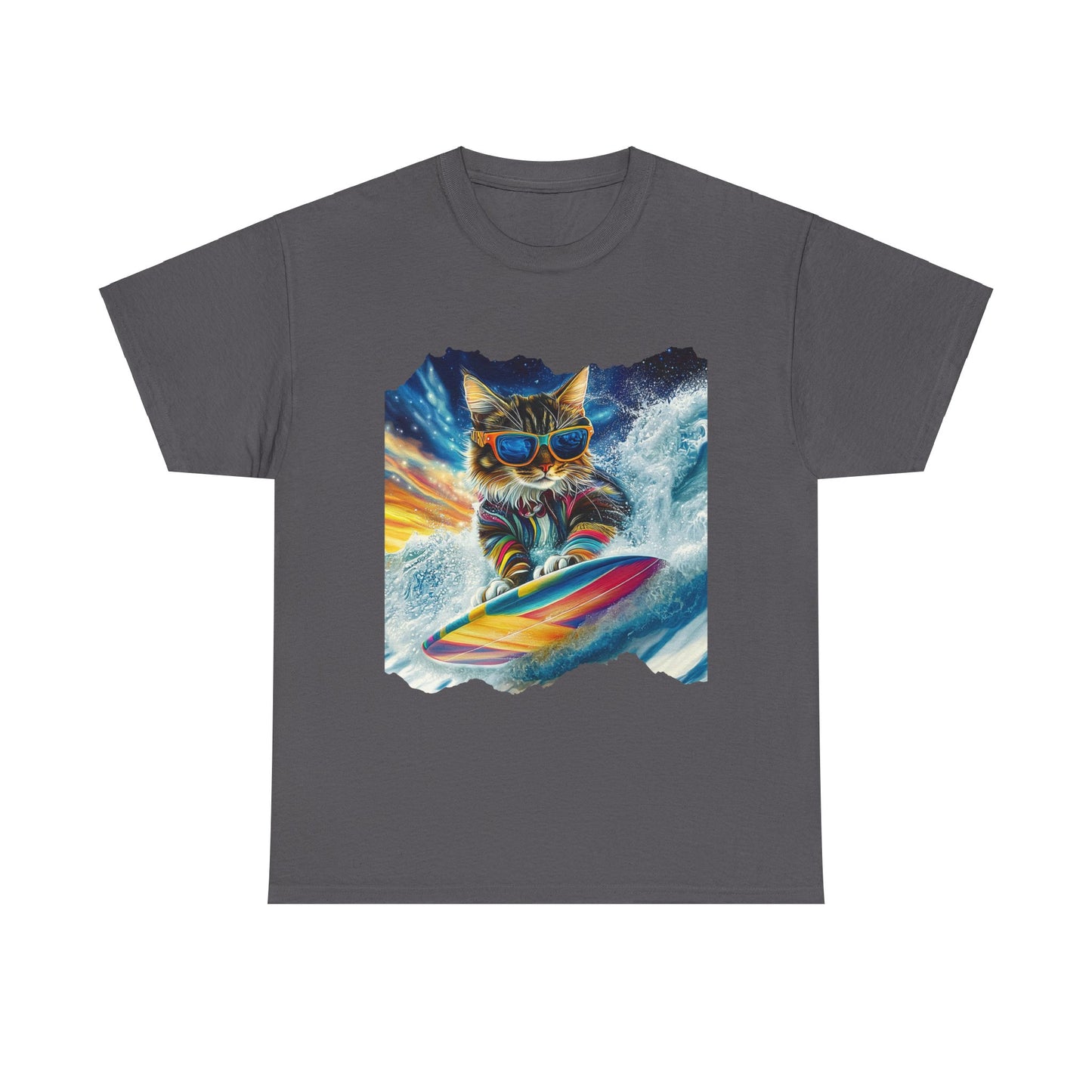 Surfer Surfing Cat, (Ver 2) Cat on Surfboard Graphic Tee- Water Sports Cat (V1)  Cat Art Gift   -  Cool Cats Unisex Heavy Cotton Tee T-Shirt