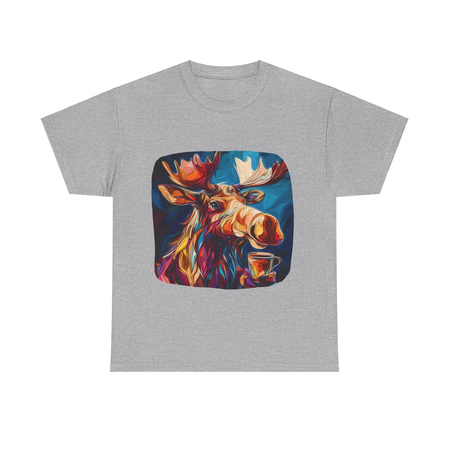 Moose and Coffee, Boho Painterly Coffee Moose  - Moose Lover Unisex Heavy Cotton Tee T-Shirt