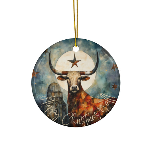 Texas Longhorn Texas Star Christmas Greeting Ceramic Tree Ornament. Merry Christmas Y'all Southern Greeting. Texas Christmas Gift