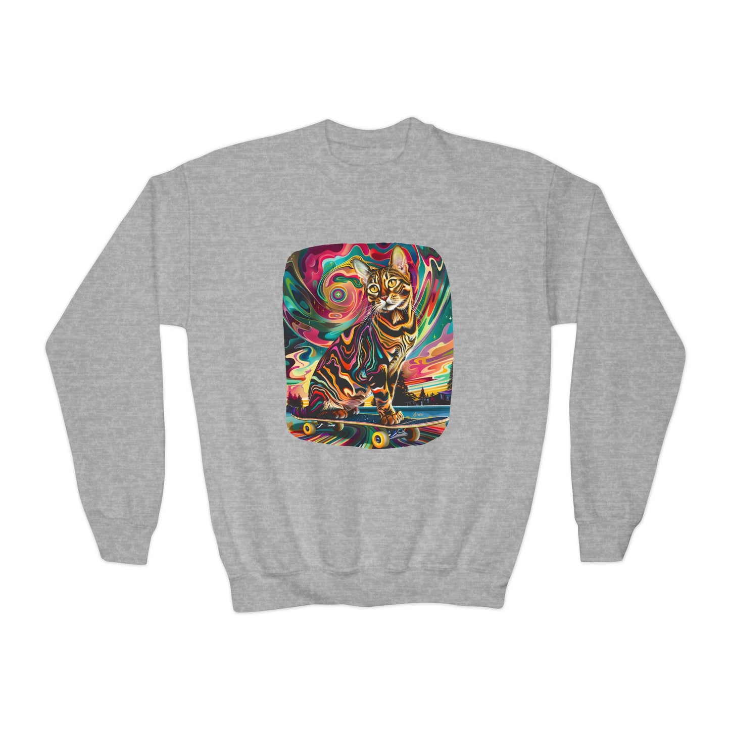 Skatboard Cats for Kids Sweatshirt - Psychedelic Skateboard Cat Youth Crewneck Sweatshirt -Christmas Cat Gift