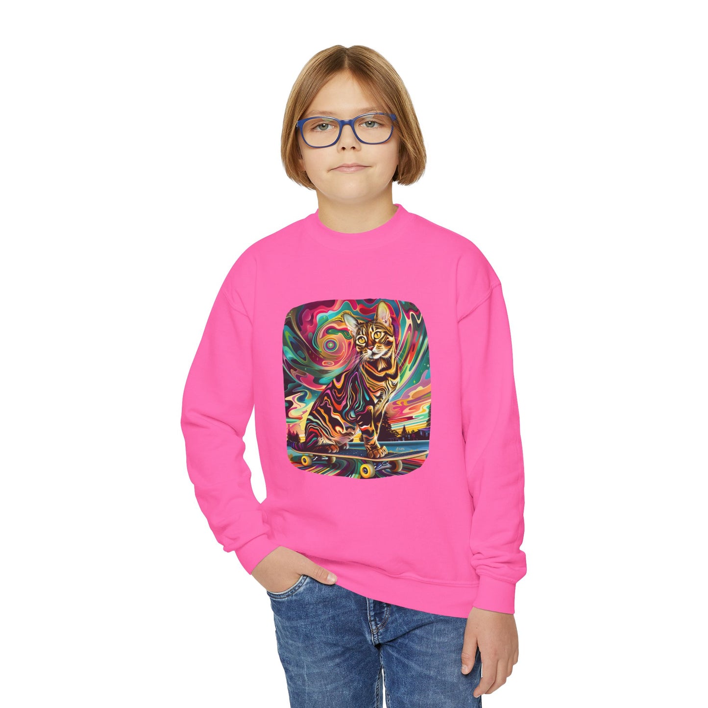 Skatboard Cats for Kids Sweatshirt - Psychedelic Skateboard Cat Youth Crewneck Sweatshirt -Christmas Cat Gift