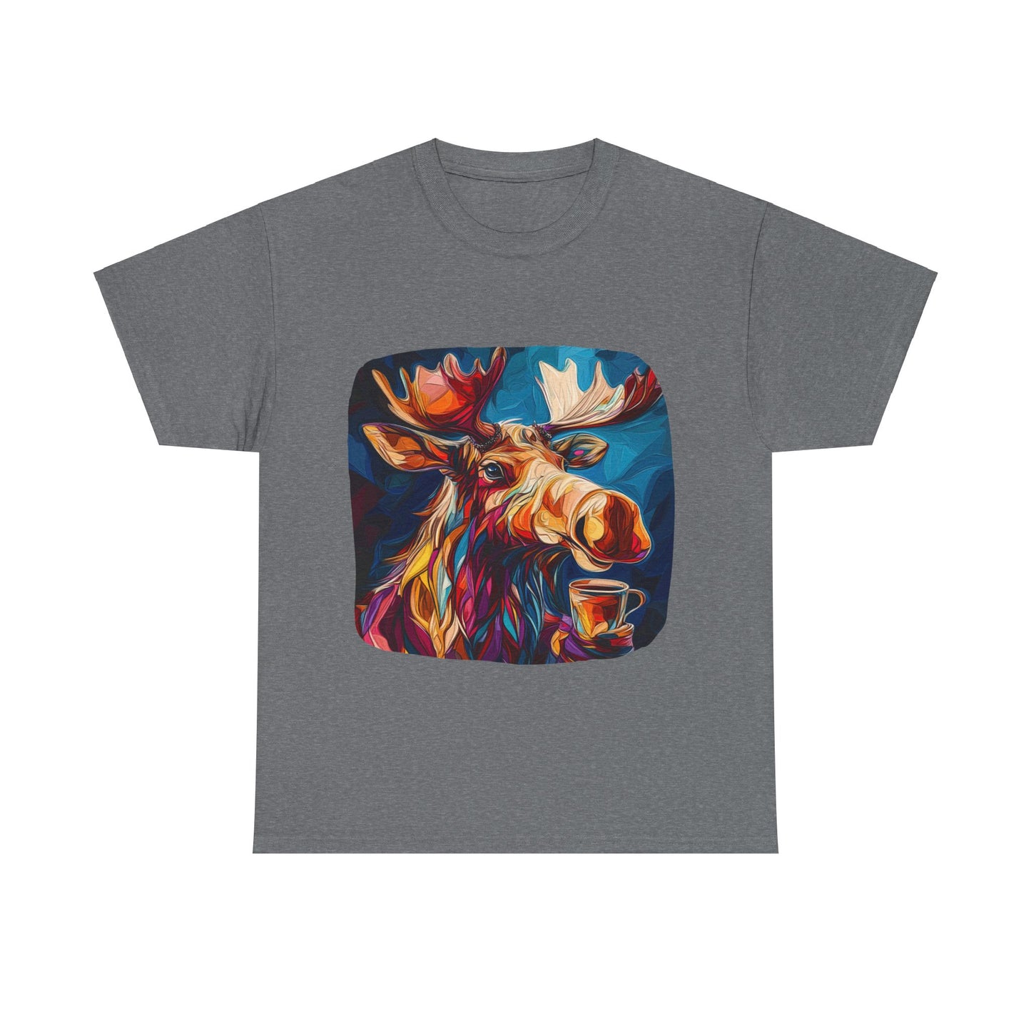 Moose and Coffee, Boho Painterly Coffee Moose  - Moose Lover Unisex Heavy Cotton Tee T-Shirt