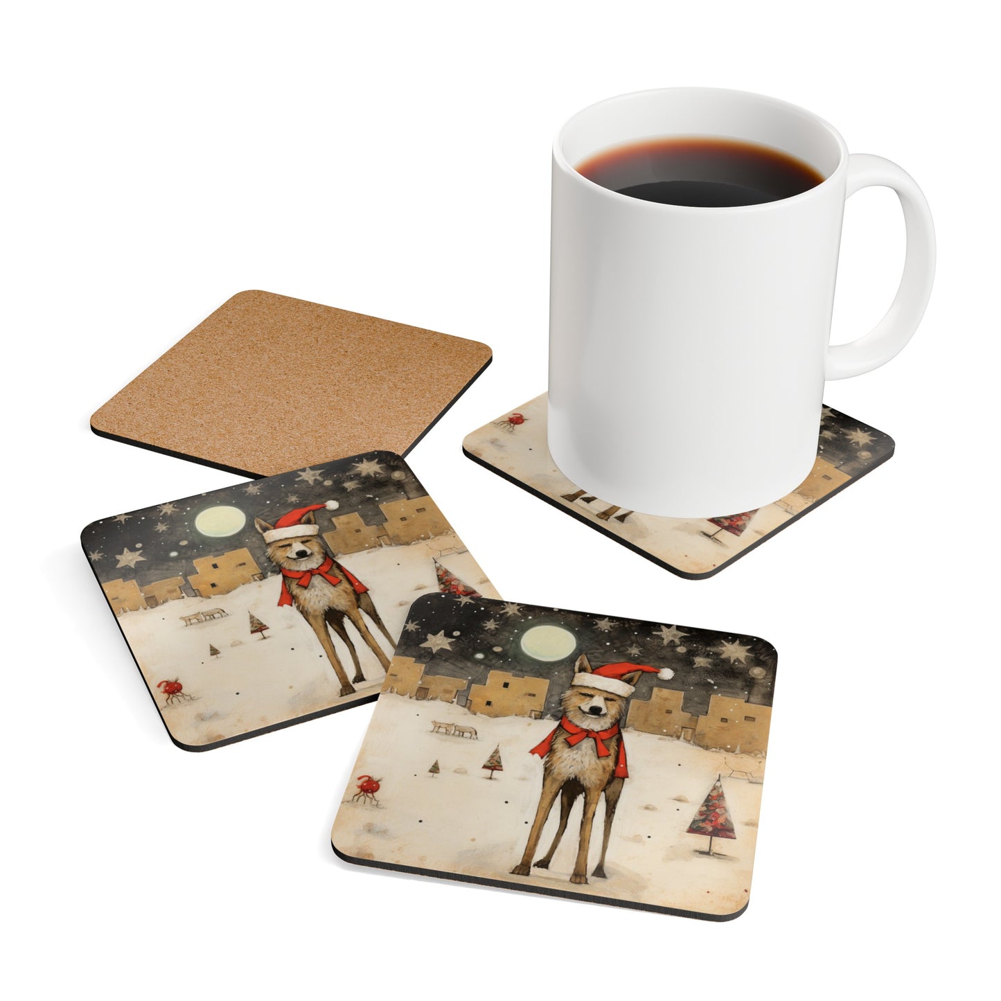 Christmas Hat Coyote, Santa Fe Christmas Adobe Houses, Snowy Christmas in New Mexico, Arizona, Home Decor, Holiday, Corkwood Coaster Set