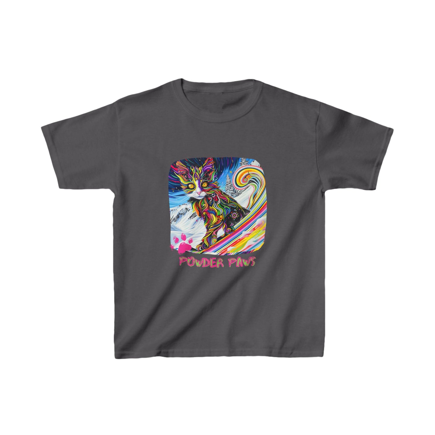 Kids - Powder Paws Skiing Cat Graphic Tee - Vibrant Ski Cat Design for Young Adventurers