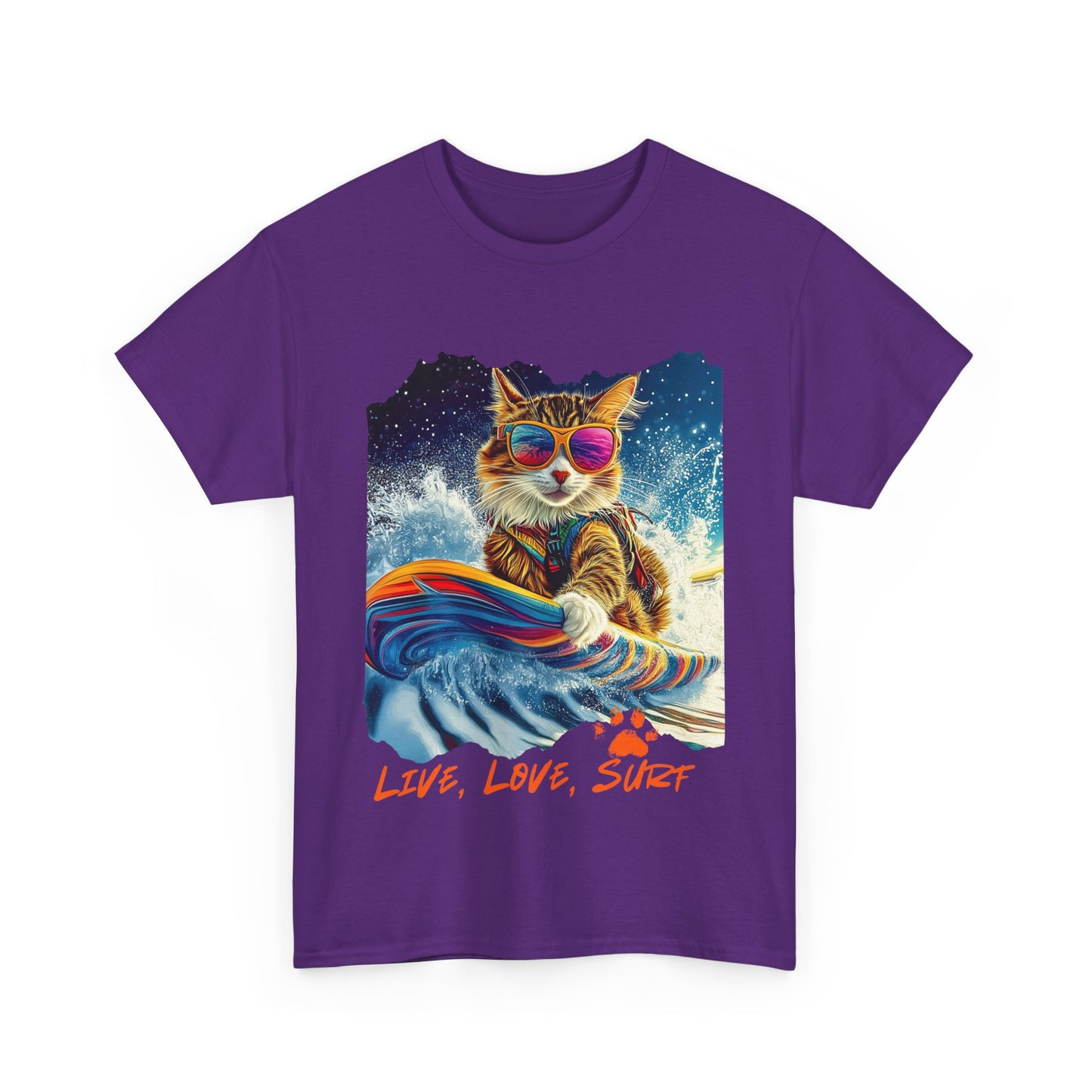 Live, Love Surf - Surfer Cat Graphic Tee, Cat on Surfboard  reads "Live, Love Surf"  Surf Life Cat ,Art Gift   -  Cool Cats Unisex Heavy Cotton Tee T-Shirt