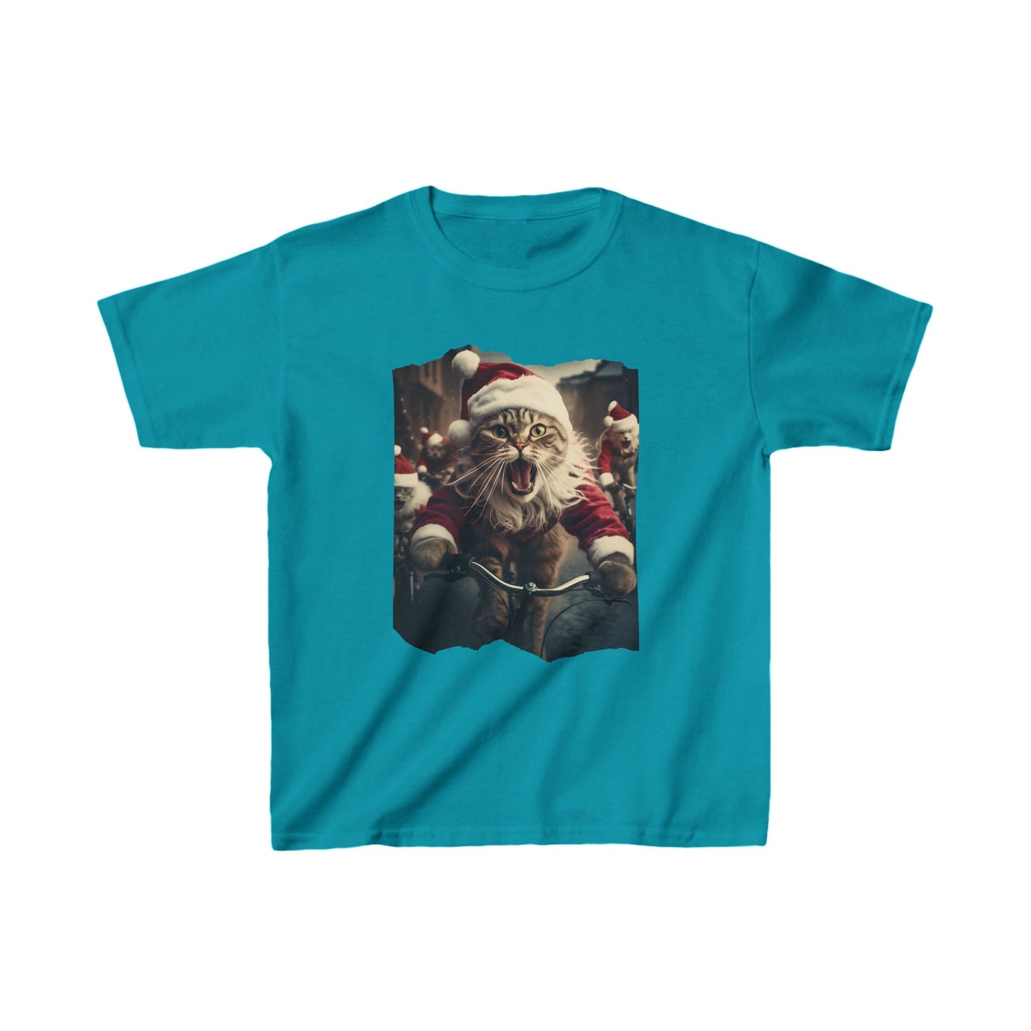 Screaming Cats on Bikes, Kids Cat Graphic Tee - Vibrant Santa Cat Design for Young Adventurers