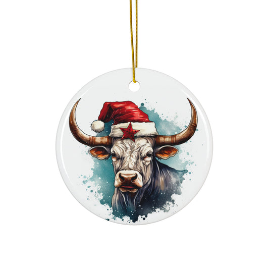 Longhorn with Santa Christmas Hat, Ceramic Tree Ornament. Cattle Cow Country Texas Oklahoma Christmas Gift