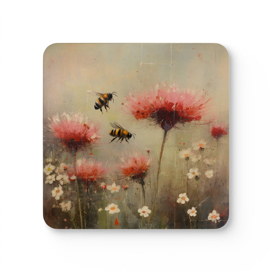 Bees Gift, Bee Lover, Bees in a Flower Garden, Art Gift, Corkwood Coaster Set, Save the Bees