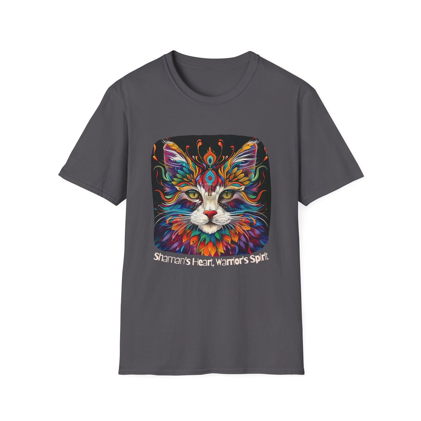 Shaman's Heart, Warrior's Spirit Graphic Cat Tee, Cat Lover's Graphic Tee Graphic Unisex T- Shirt, T-Shirt Cat Lovers Gift  Softstyle T-Shirt Tee Teeshirt Stylized Cat