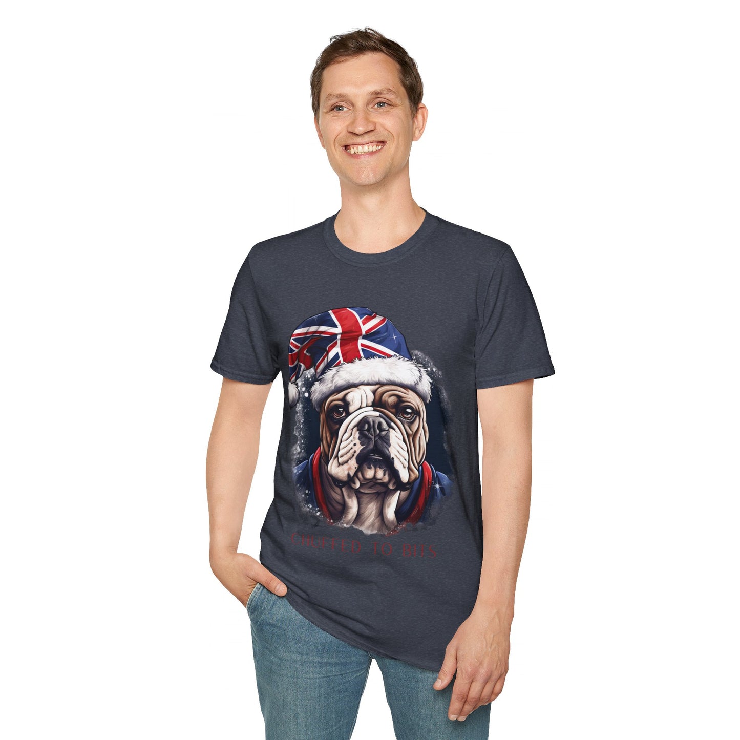 English Bulldog, Chuffed To Bits T-Shirt, British Union Jack, Mens Womans Unisex Shirt Softstyle T-Shirt Teeshirt Anglophile