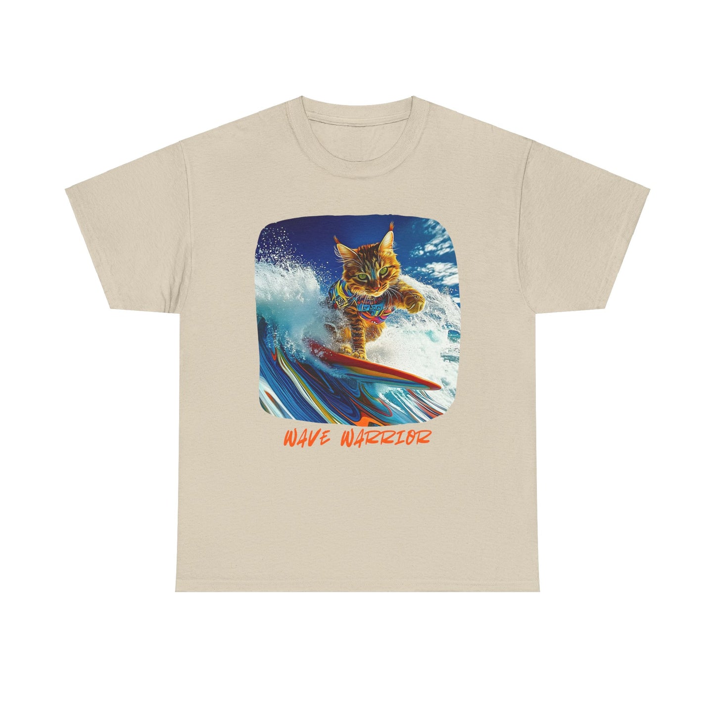 Wave Warrior Surfer Surfing Cat, Cat on Surfboard Graphic Tee reads "Wave Warrior"  Surf Life Cat ,Art Gift   -  Cool Cats Unisex Heavy Cotton Tee T-Shirt