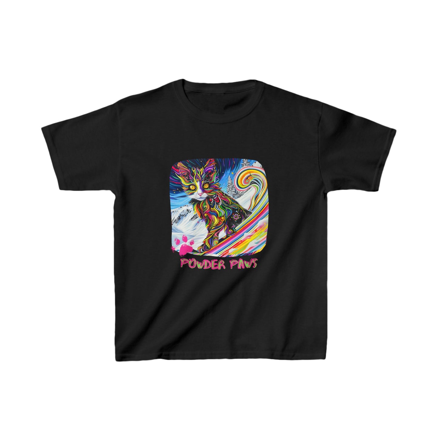 Kids - Powder Paws Skiing Cat Graphic Tee - Vibrant Ski Cat Design for Young Adventurers