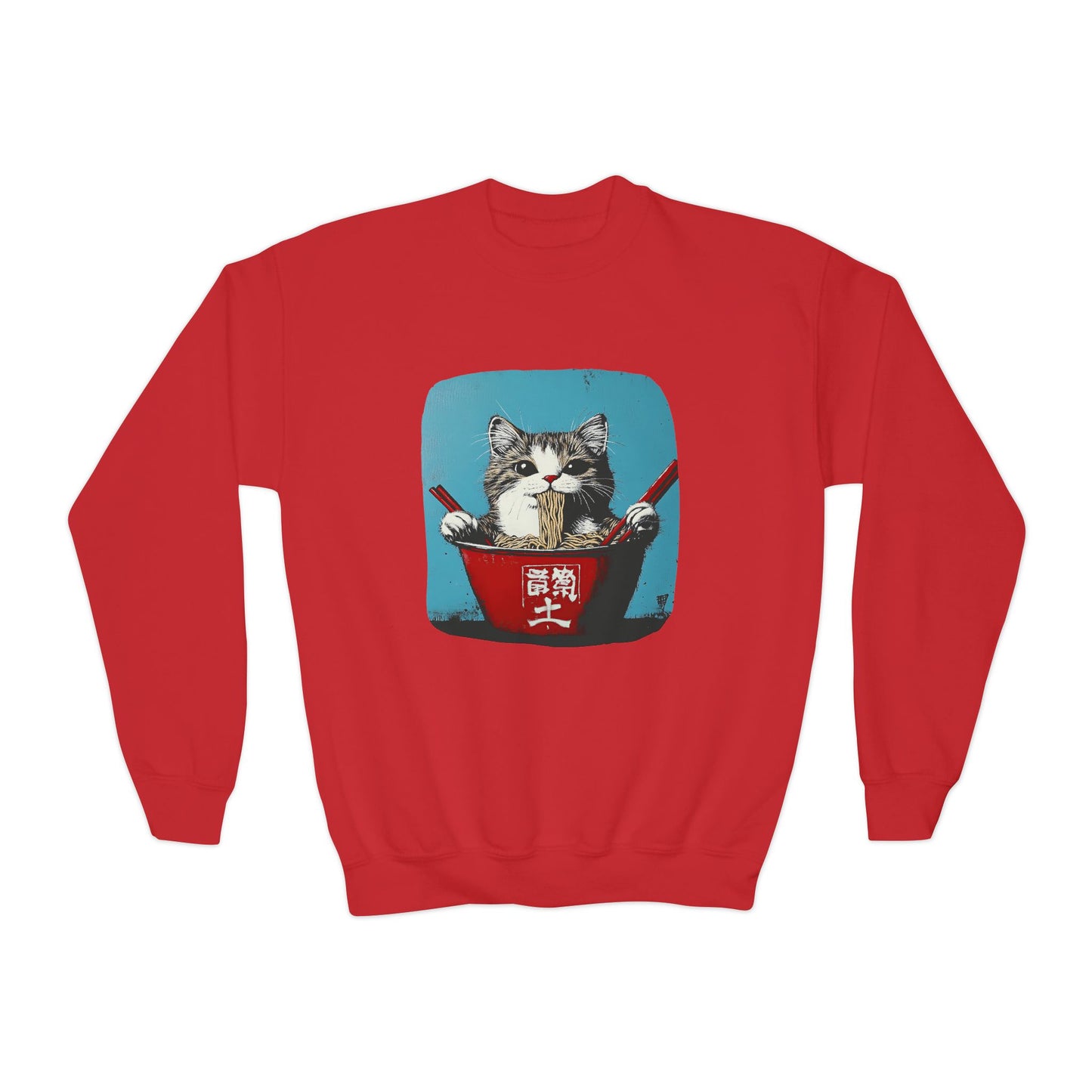 Ramen Bowl Cats for Kids Sweatshirt - Hungry Noodle Kitty  Cat Youth Crewneck Sweatshirt -Christmas Cat Gift