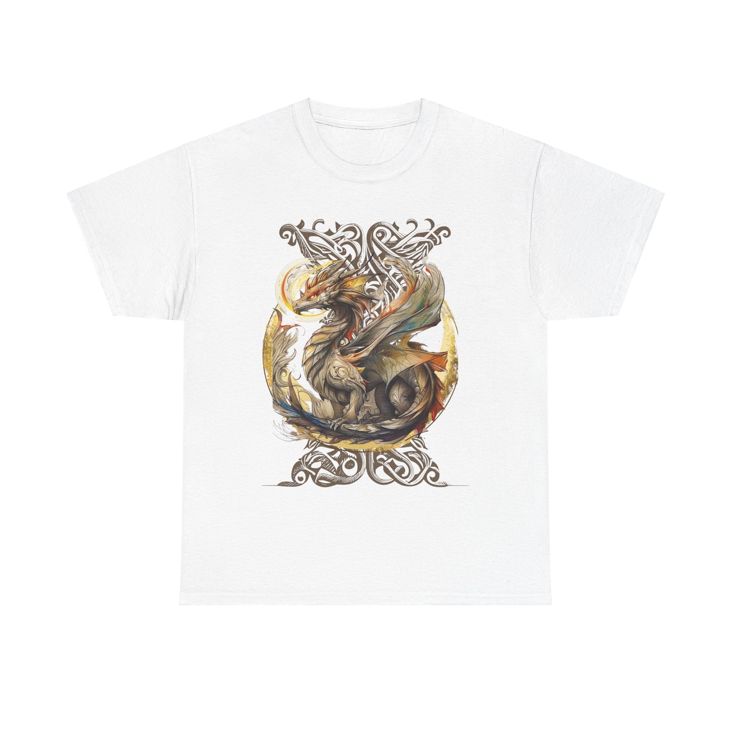 Celtic Background Dragon Graphic Tee - Dragon T-shirt -  Dragon Lovers Unisex Heavy Cotton Tee T-Shirt