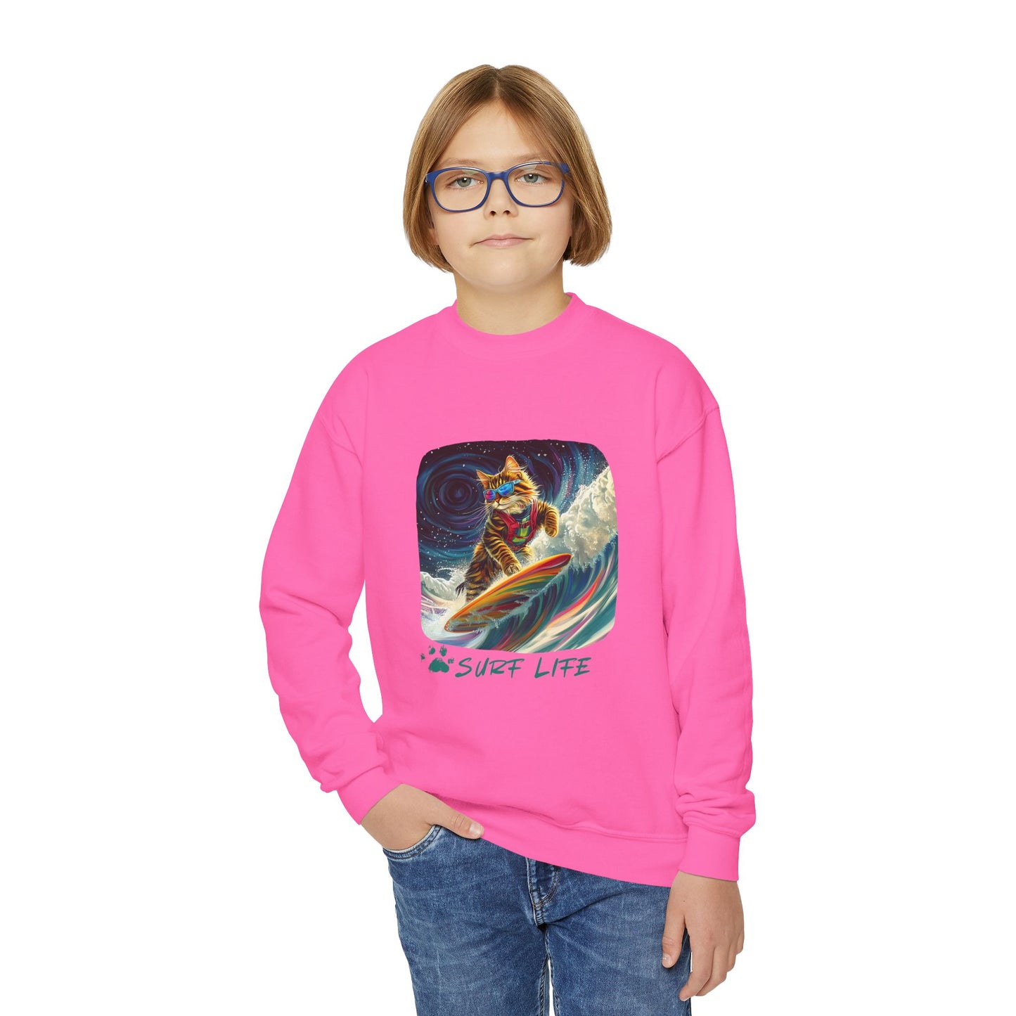 Surf Life Surfer Cat for Kids Sweatshirt - Kitty  Cat Shredding the Weves-Youth Crewneck Sweatshirt -Christmas Cat Gift