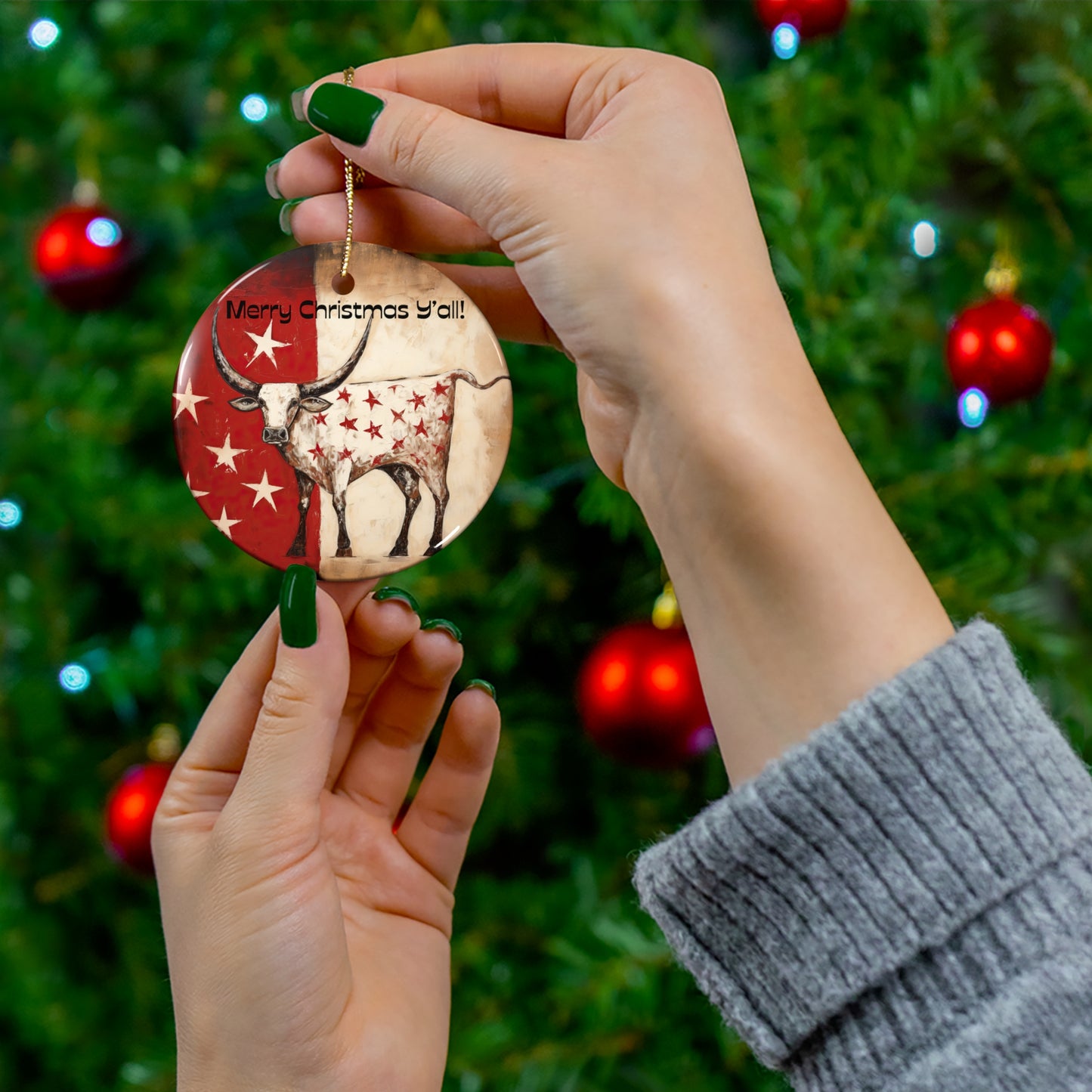 Texas Longhorn Cattle Stars Christmas Greeting Ceramic Tree Ornament. Merry Christmas Y'all  Happy Holiday Southern Greeting Gift