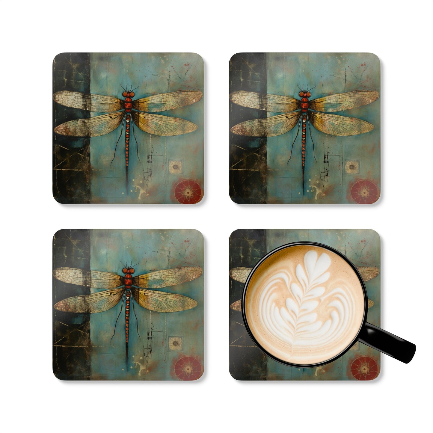 Folk Art Dragonfly, Home Decor Gift ,Dragonfly Corkwood Coaster Set