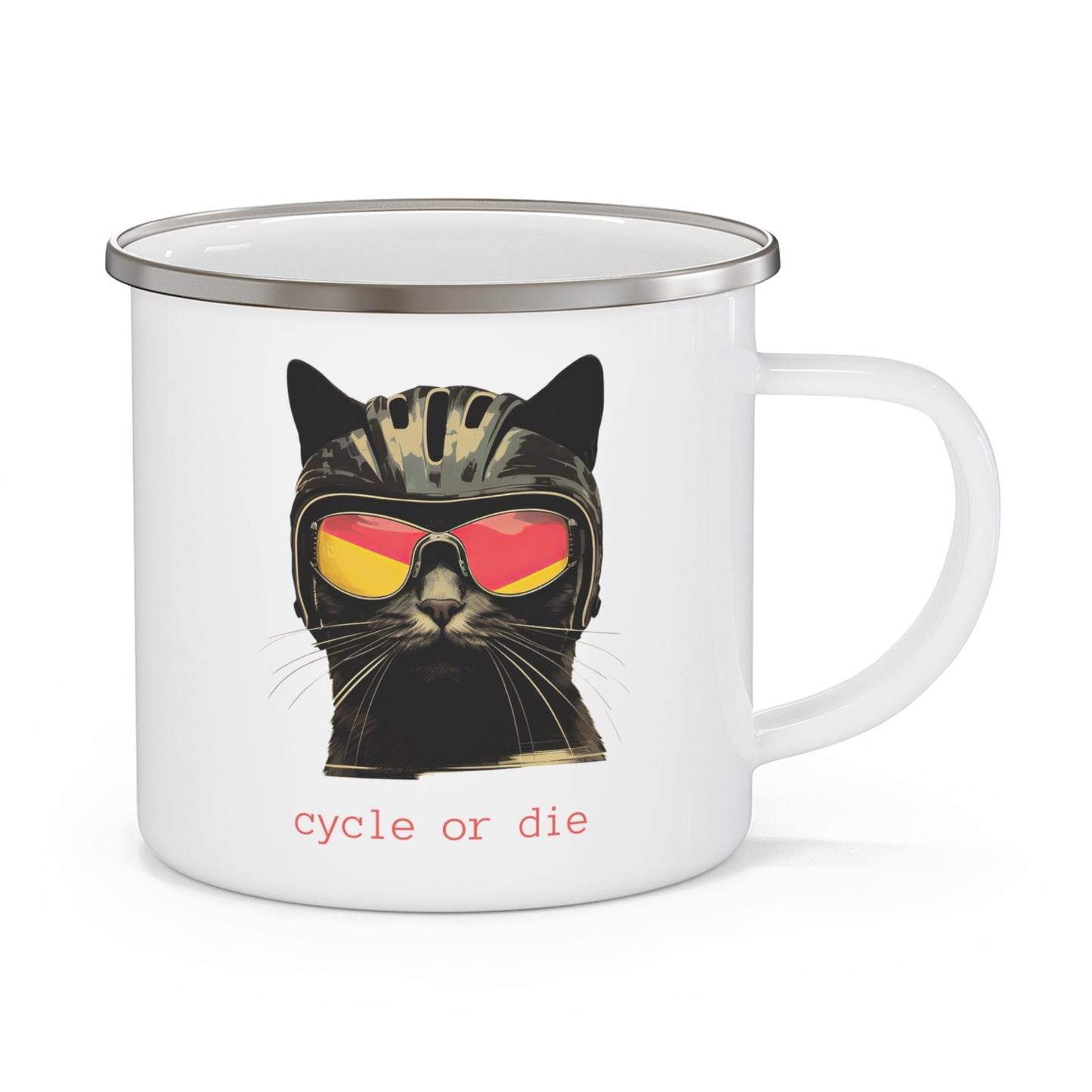 Cycle or Die, Cycling Cup, Cat and Bicycle Lovers, Cat in a Bicycle Helmet, Cycling Cat Gift,  Enamel Camping Mug