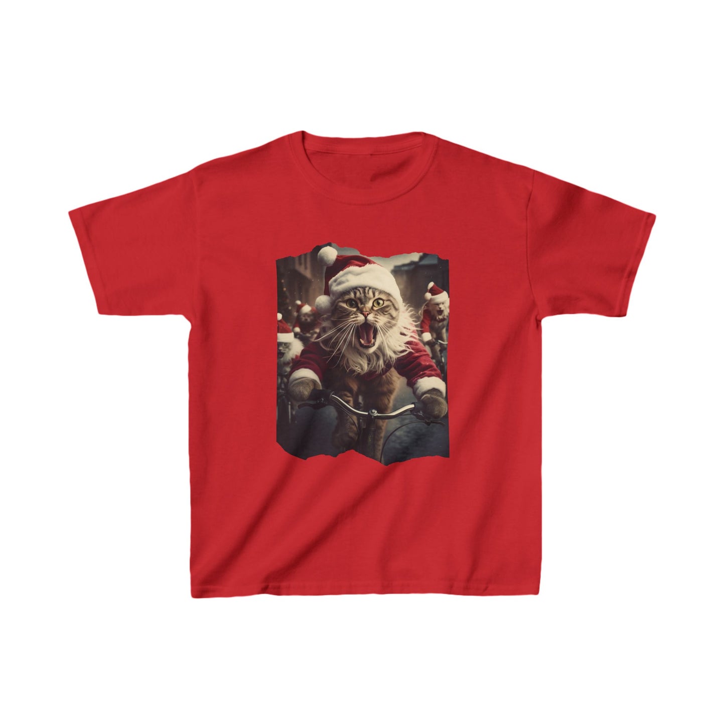 Screaming Cats on Bikes, Kids Cat Graphic Tee - Vibrant Santa Cat Design for Young Adventurers