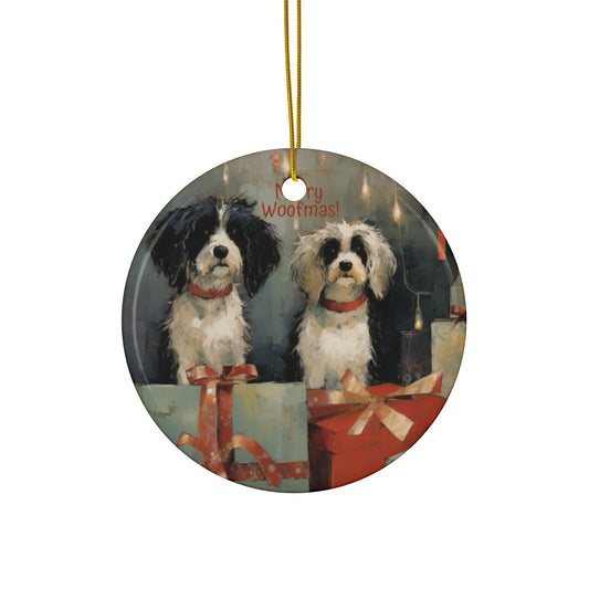 Merry Woofmas, Dog Lover, Dog Owner, Dog Parent Keepsake Ornament, Ceramic Christmas Ornament, Sweet Naughty Dogs