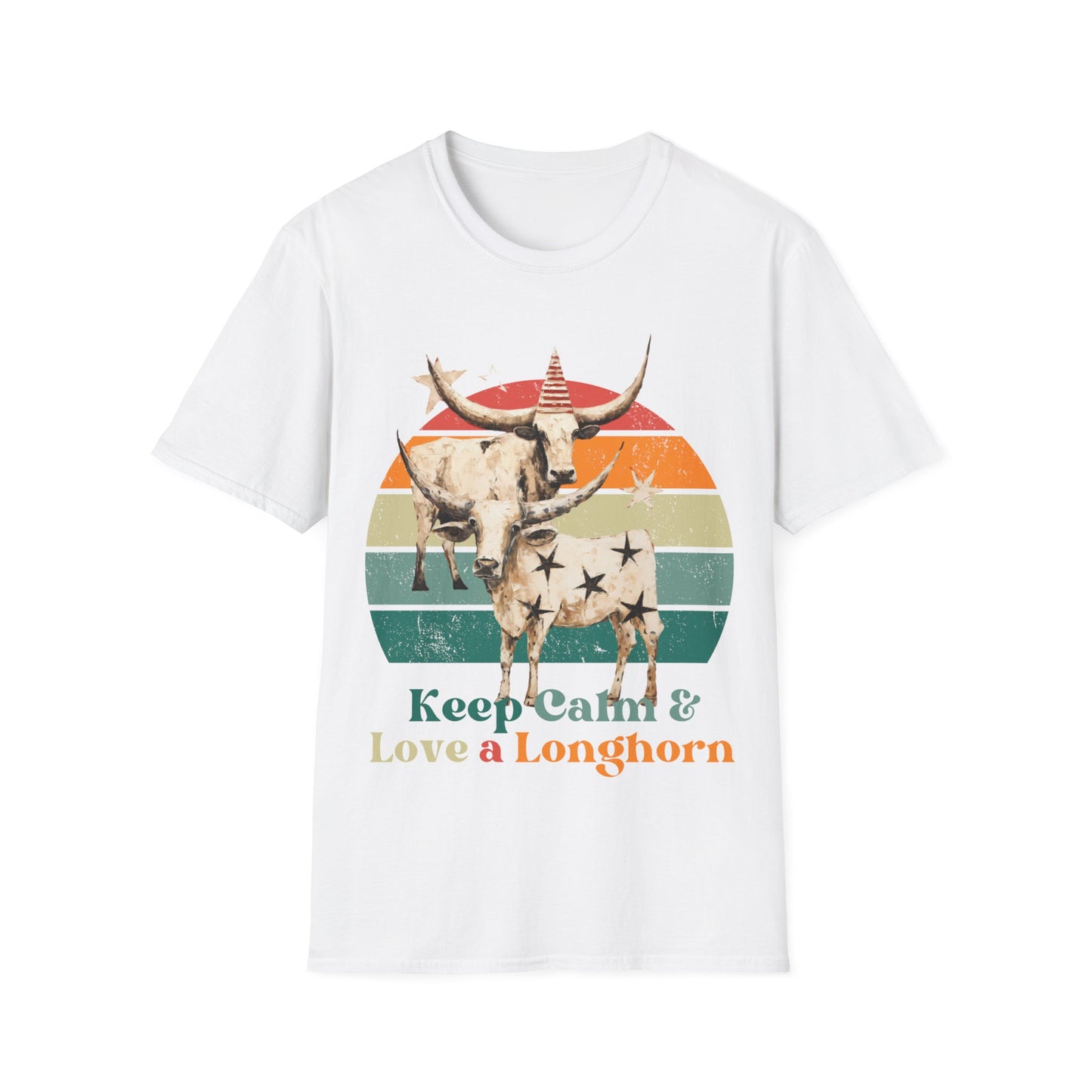 Retro Longhorn Texas Style "Keel Calm & Love a Longhorn" Cattle, Rodeo, Texas Star, Graphic T-Shirt,  Texas Softstyle Unisex Tee Shirt  - 60s 70s Vibe- Keep Calm Shirt