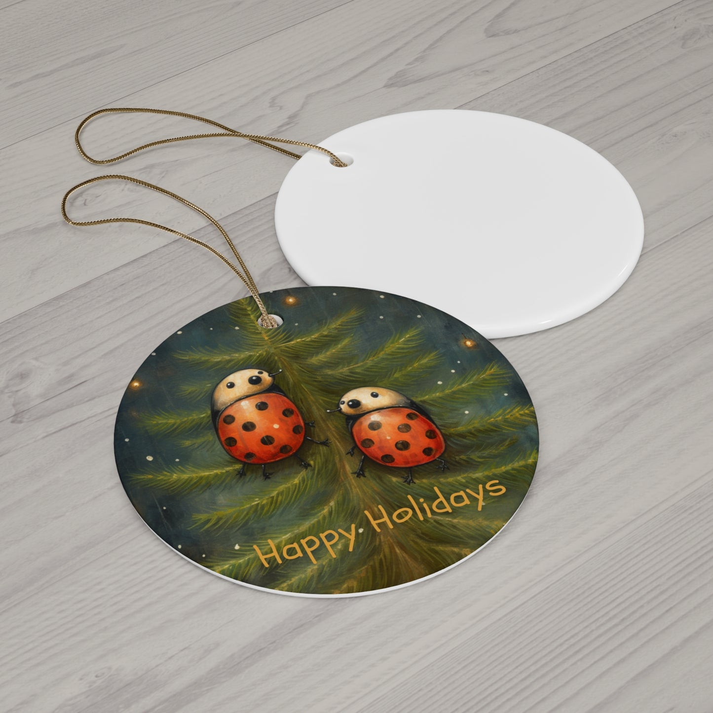 Adorable Lady Bug Christmas Tree Ornament, Reads "Happy Holidays" Lady Bugs Gift Ceramic Lady Bug Ornament Brings Good Luck Charm