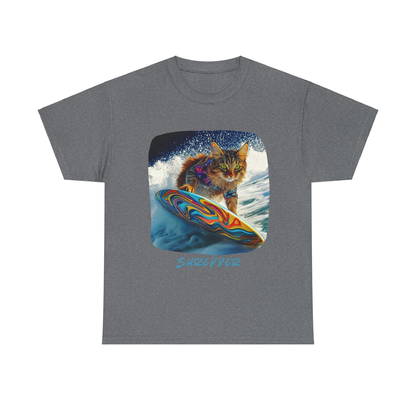 Shredder Surfer Cat, "Shredder" T-shirt, Cat on Surfboard Graphic Tee- Water Sports Cat (V1)  Cat Art Gift   -  Cool Cats Unisex Heavy Cotton Tee T-Shirt