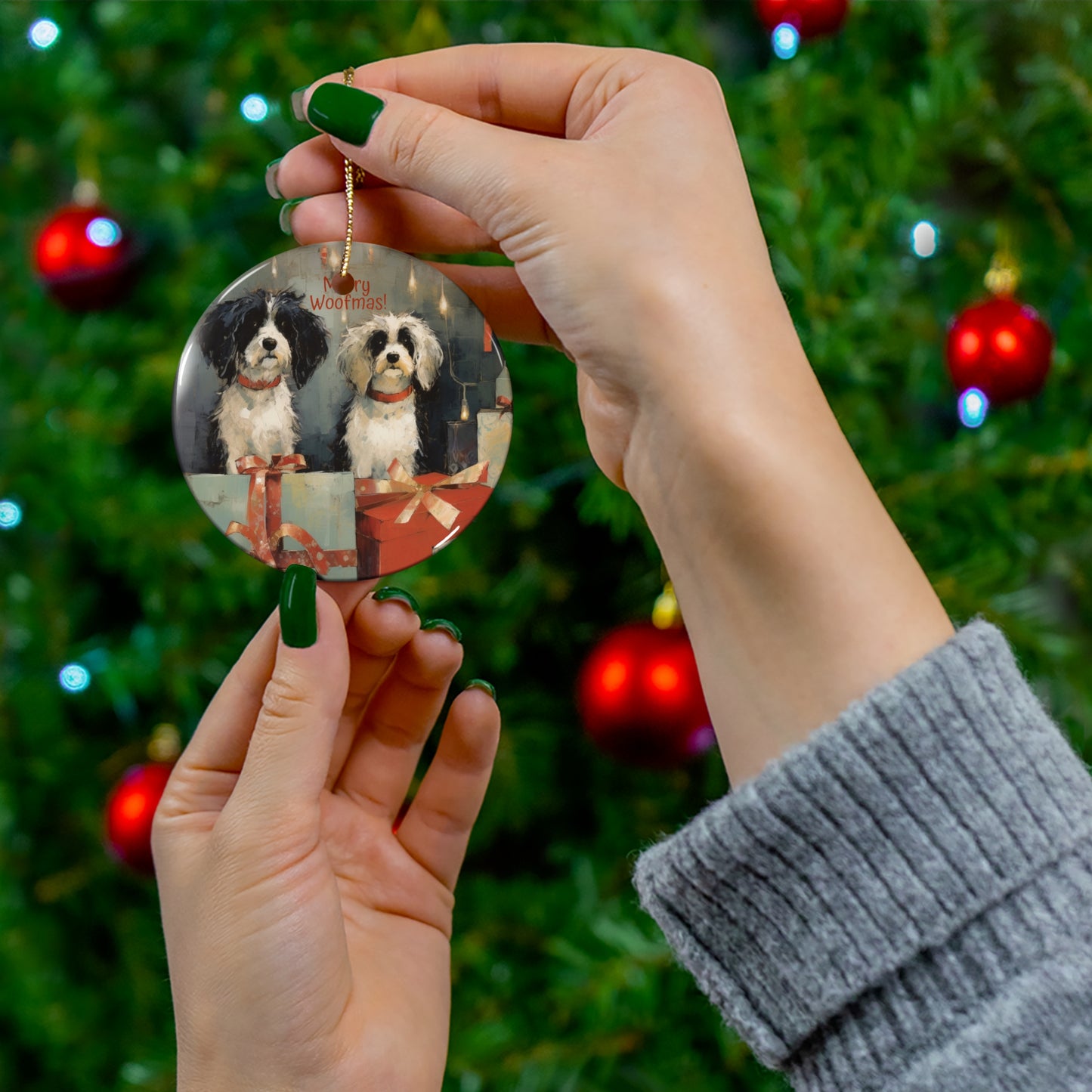 Merry Woofmas, Dog Lover, Dog Owner, Dog Parent Keepsake Ornament, Ceramic Christmas Ornament, Sweet Naughty Dogs