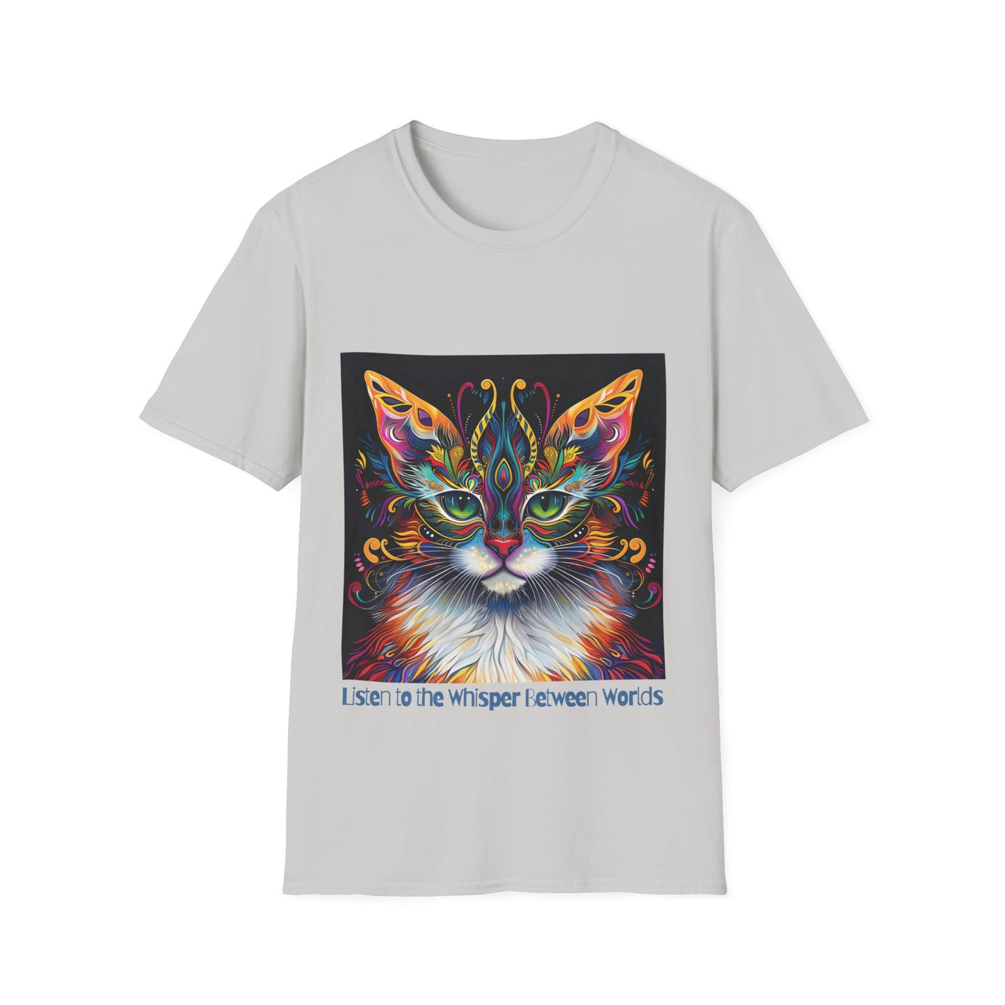 Listen to the Whisper Between Worlds- Shaman Graphic Cat Tee, Cat Lover's Graphic Tee Graphic Unisex T- Shirt, T-Shirt Cat Lovers Gift  Softstyle T-Shirt Tee Teeshirt Stylized Cat