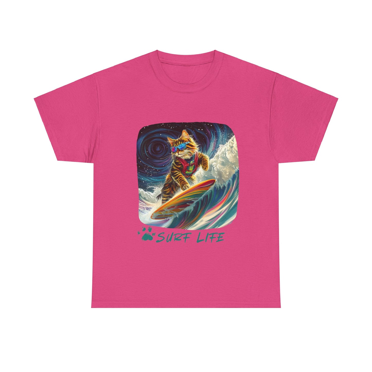 Surf LIfe - Surfer Surfing Cat Graphic Tee, Cat on Surfboard - Shirt reads "Surf Life" Cats Art Gift   -  Cool Cats Unisex Heavy Cotton Tee T-Shirt